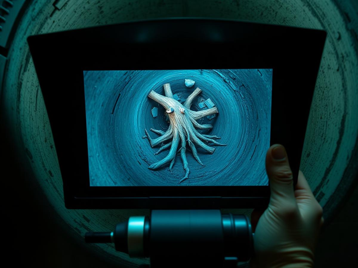 Sewer camera monitor showing tree root intrusion inside a clay sewer pipe