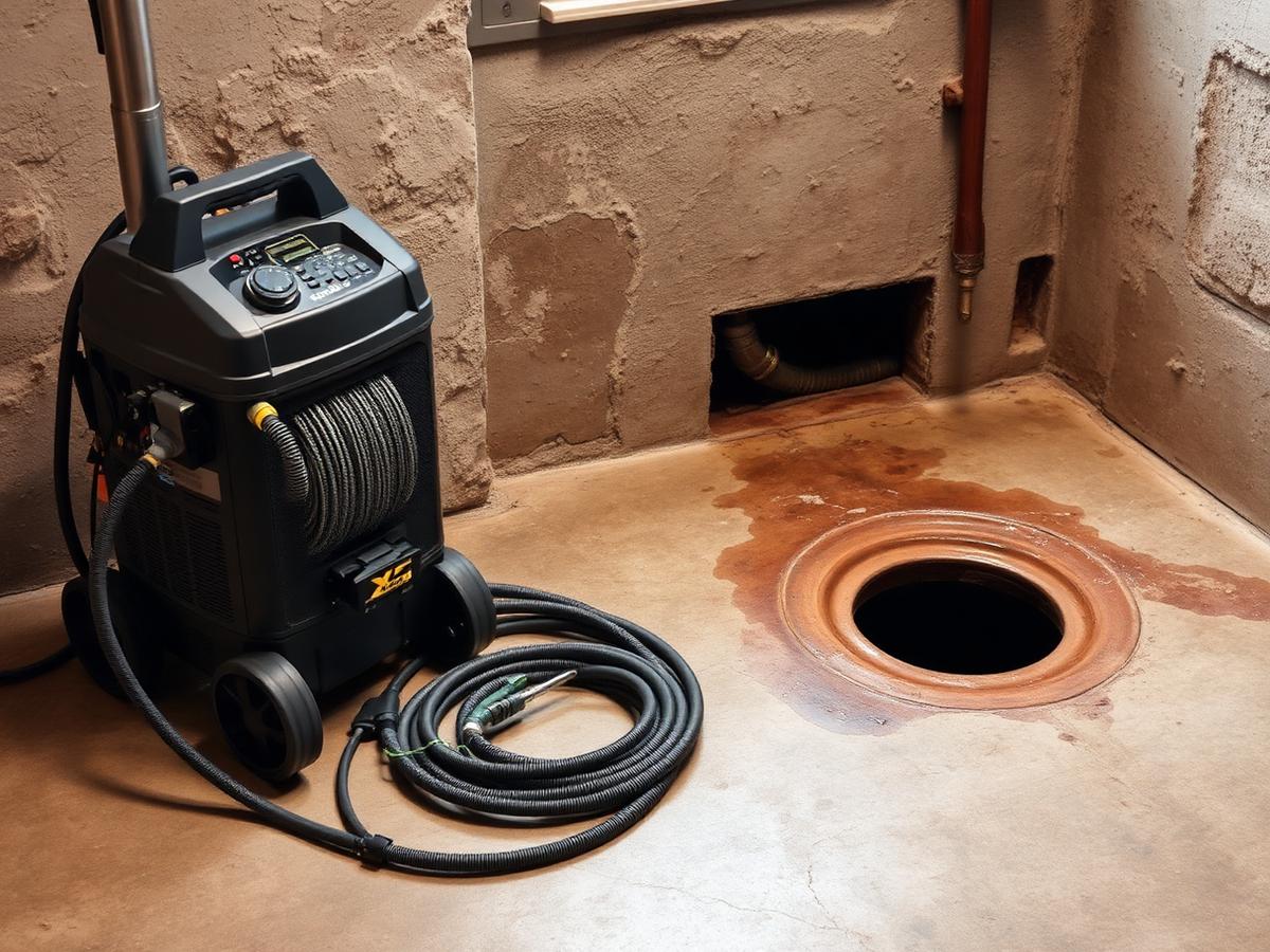 Drain cleaning cable machine set up beside a basement floor drain