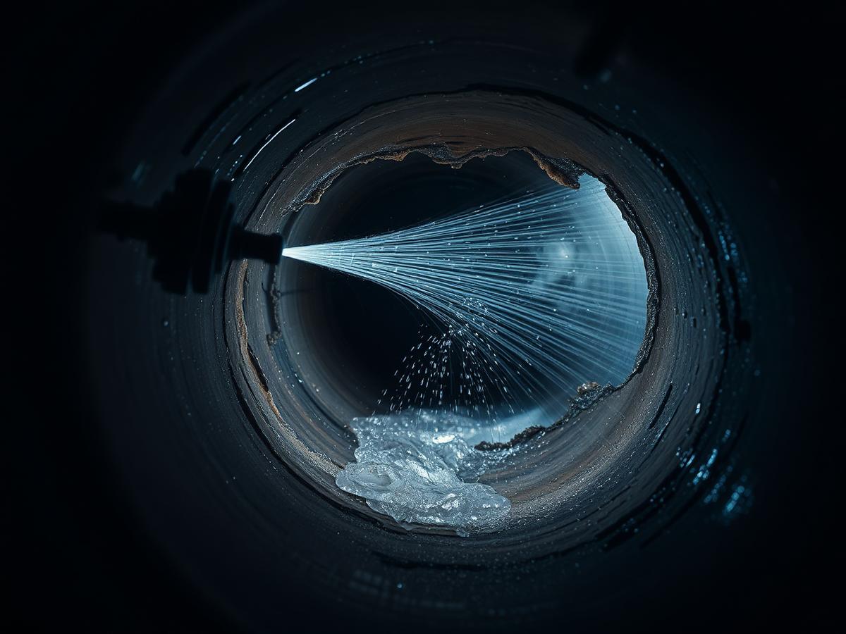Hydro jetting nozzle scouring grease and scale from the inside of a sewer pipe